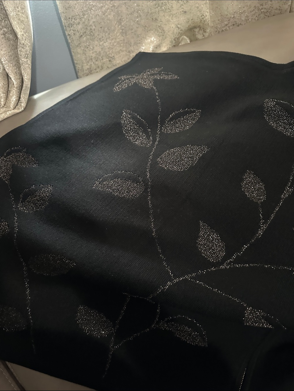 Anne Klein Black Zip-Front Sweater with Metallic Leaf Detail - Picture 4 of 5
